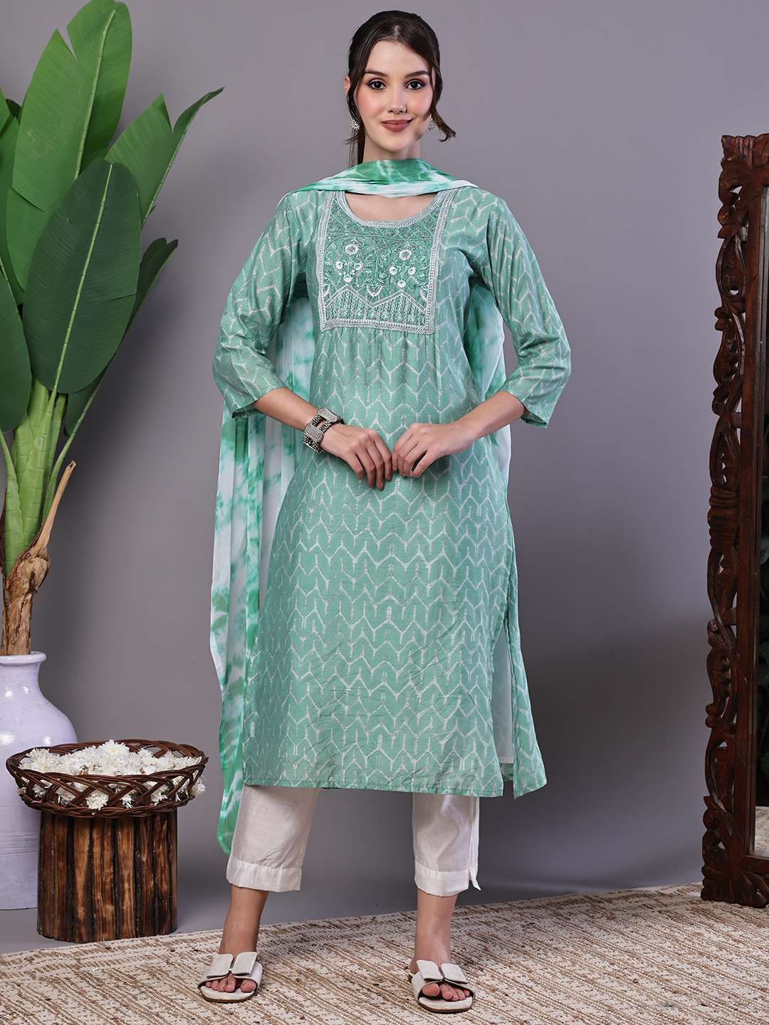 Women's Mint Green Chanderi Embroidered Kurta Set with Dupatta Suit Sets